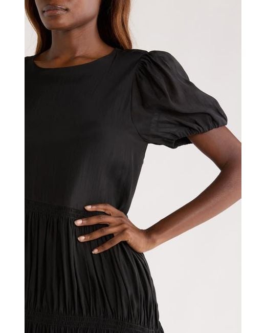 MELLODAY Black Puff Sleeve Smocked Tiered Midi Dress