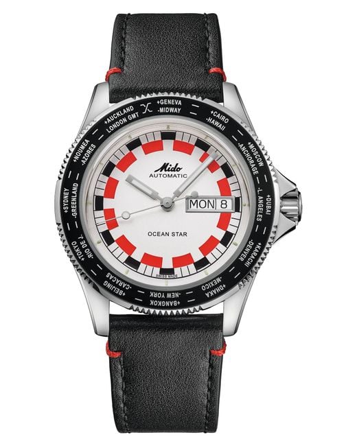 MIDO Black Ocean Star Worldtimer Automatic Leather Strap Watch, 40.5Mm for men