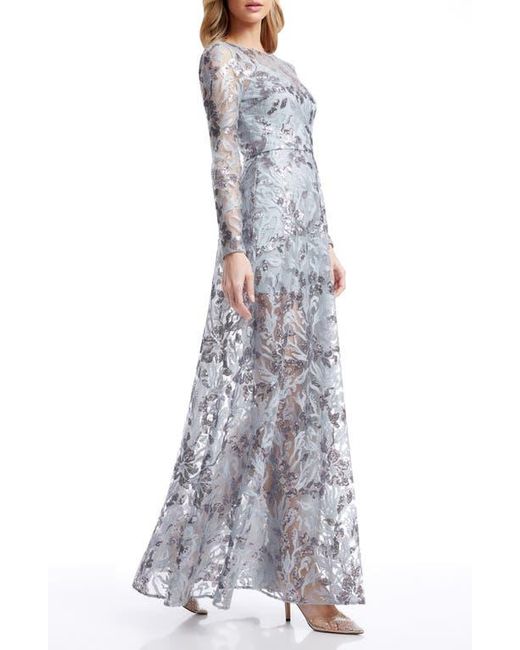 Dress the Population Gray Ava Sequin Floral Long Sleeve A-Line Gown