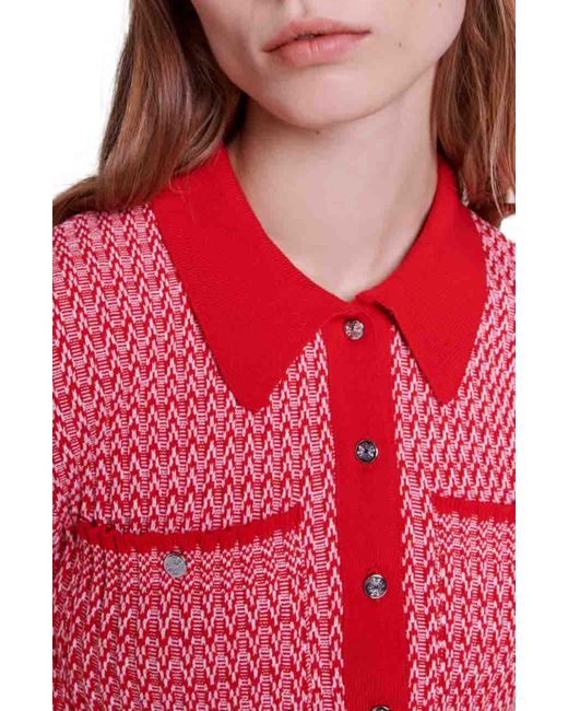 Maje Red Manamaille Herringbone Knit Button-up Shirt