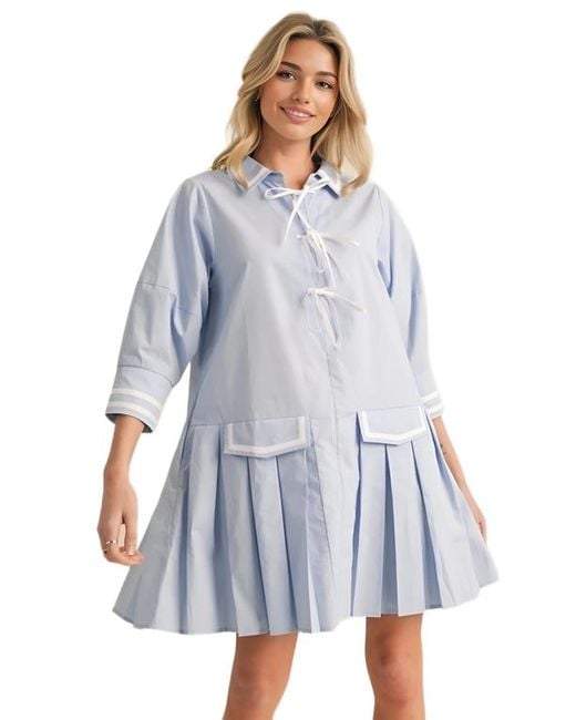Knit & Lounge Blue Pleated Contrast Trim Front Tie Mini Dress