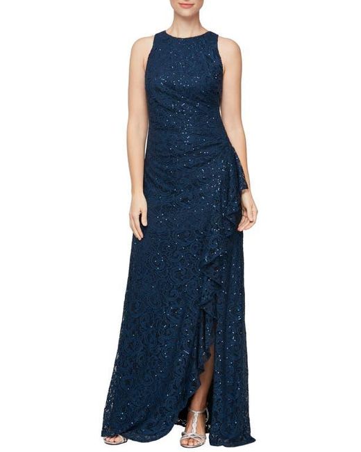 Alex Evenings Blue Sequin Ruched Ruffle A-Line Gown