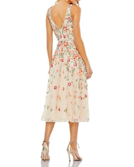 Mac Duggal Natural V-Neck Sleeveless Midi Floral Beaded A-Line Dress