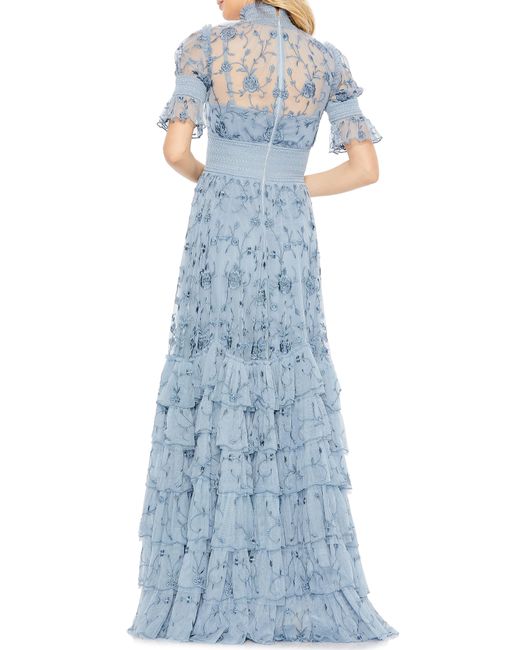 Mac Duggal Blue Floral Embroidered Tiered Ruffle Gown