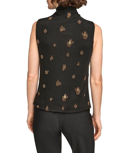 Donna Karan Black Embellished Ruched High Neck Sleeveless Knit Top