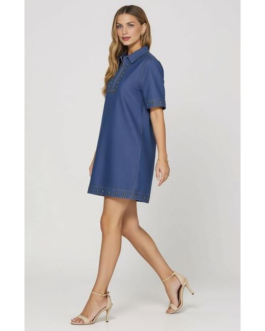 Modenaire Blue Denim Studded Half Zip Mini Dress With Collar And Short Sleeves