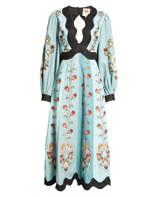 FARM Rio Floral Embroidered Long Sleeve Cutout Linen Midi Dress in Blue |  Lyst