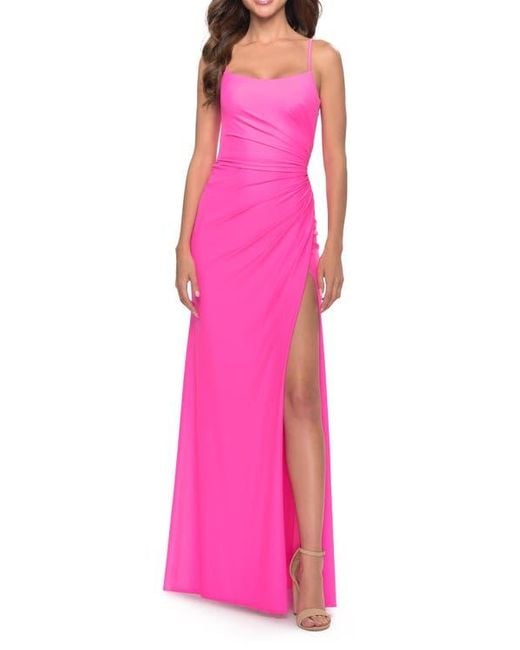 La Femme Women's Pink Elegant Jersey Dress With Ruching And Square Neckline