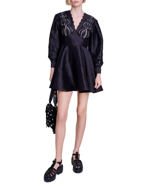 Maje Black Riclint Long Sleeve Fit & Flare Minidress