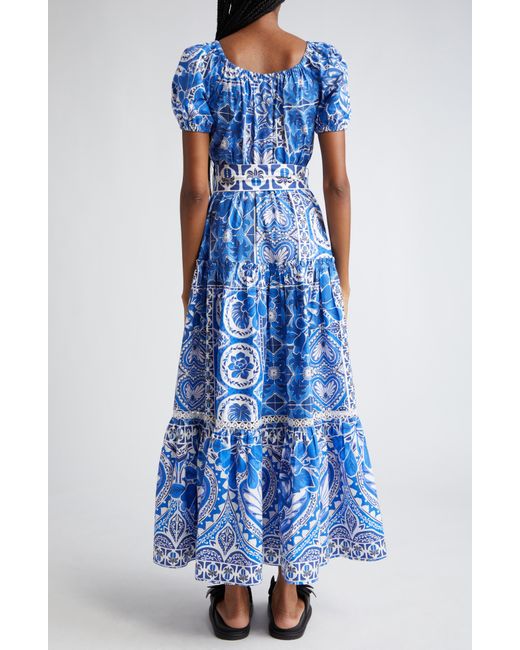 Farm Rio Blue Tile Dream Puff Sleeve Belted Cotton Maxi Dress