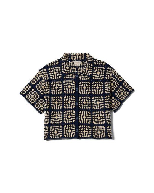 Brixton Black Cotton Crochet Short Sleeve Button-Up Sweater