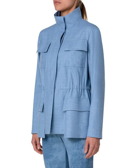 Akris Blue Cinch Waist Stretch Wool Flannel Jacket