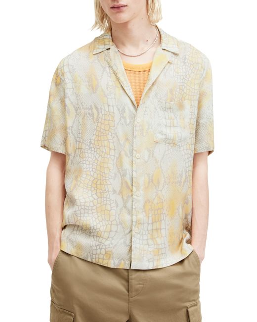 AllSaints Natural Skrale Snake Print Convertible Collar Camp Shirt for men