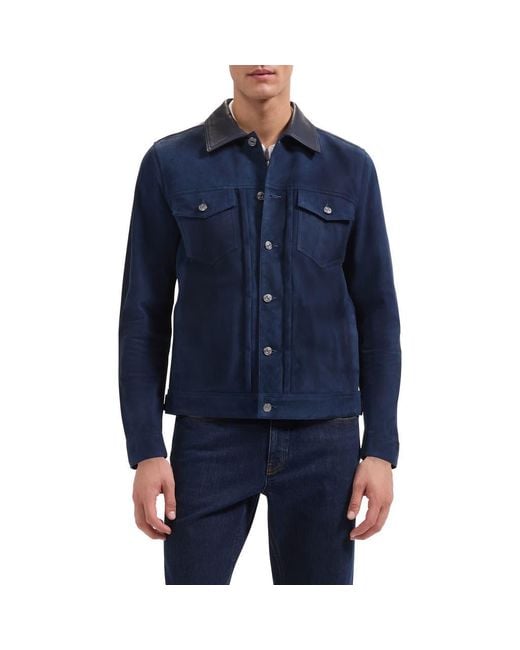 Bugatchi Blue Hybrid Leather Trucker Jacket for men