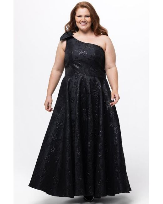 Celebrations by Sydneys Closet Women's Black One Shoulder Brocade Plus Size Formal Dress With Bow Celebrations by Sydneys Closet Women's Black One Shoulder Brocade Plus Size Formal Dress With Bow