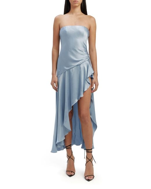 Bardot Blue Lorenza Strapless Asymmetric Hem Satin Cocktail Dress