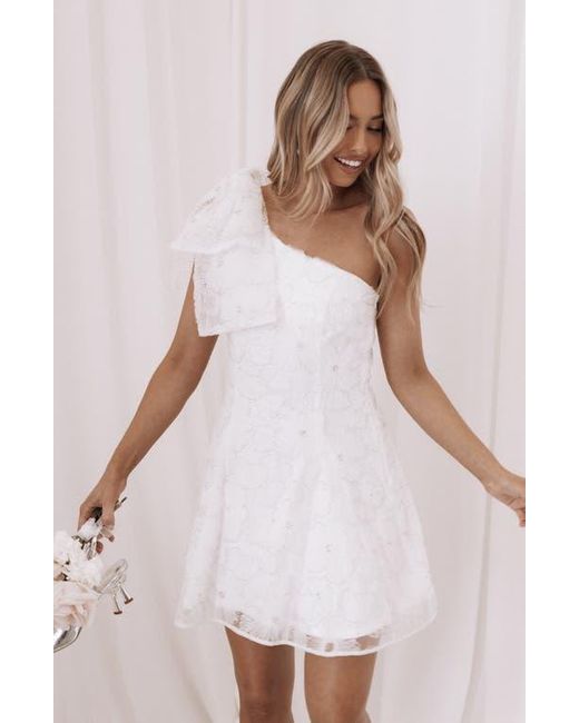 Petal & Pup White Ashly Beaded Floral One-Shoulder Cocktail Minidress