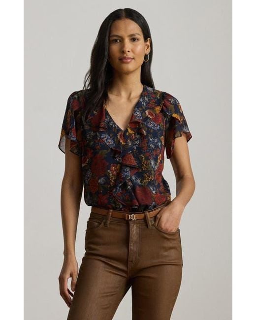 Ralph Lauren Brown Floral Ruffle Accent Top