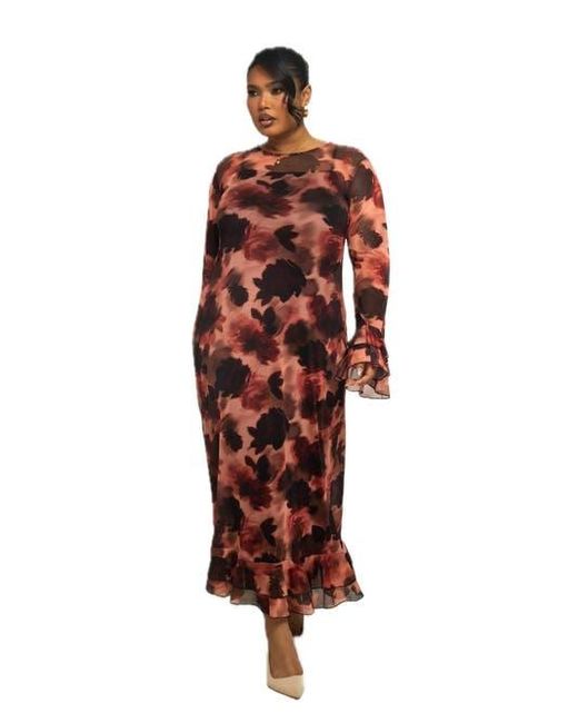FASHION-SZN CURVE Red Long Sleeve Floral Print Mesh Maxi Dress