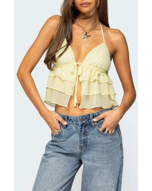 Edikted Blue Zephi Split Front Ruffle Top