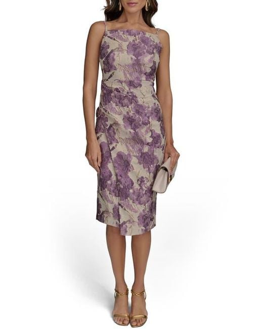 Donna Karan Red Floral Metallic Jacquard Midi Dress