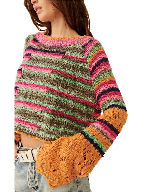 Free People Multicolor Butterfly Mixed Stripe Cotton Blend Sweater