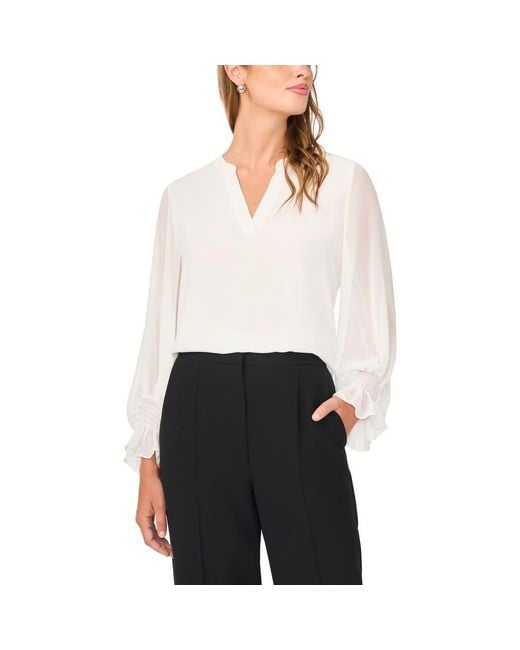 Vince Camuto White Ruffle Cuff Split Neck Top