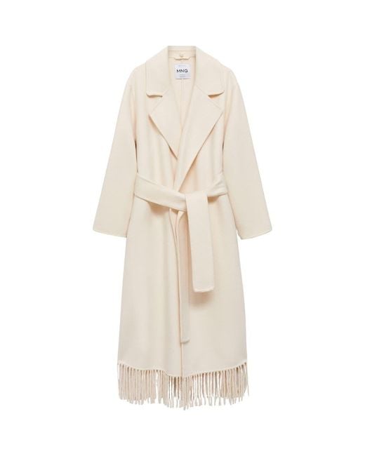 Mango Natural Wool Blend Fringe Hem Longline Coat