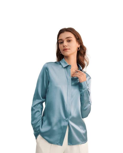 LILYSILK Blue Basic Concealed Placket Silk Shirt