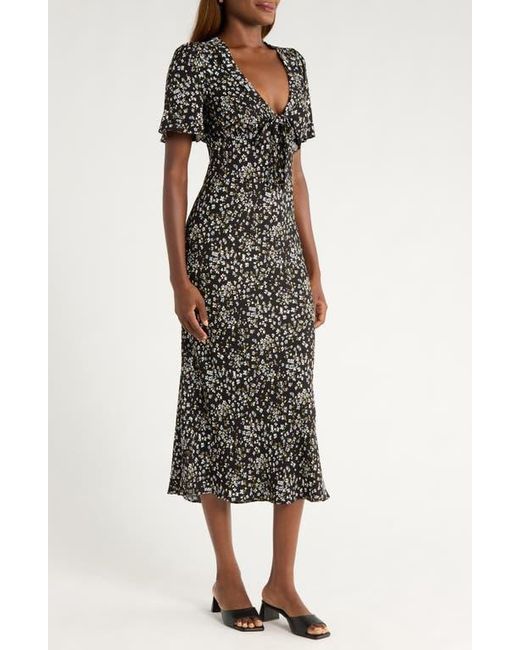 Reformation Black Tyra Floral Short Sleeve Midi Dress