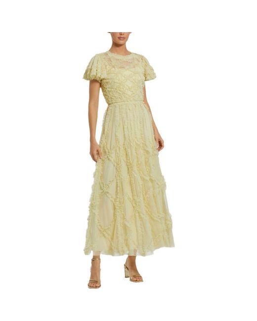 Mac Duggal Solid Mesh Dotted Micro Ruffle High Neck Gown in