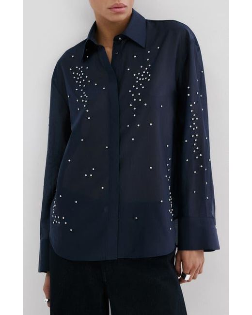 Mango Blue Rhinestone Button-Up Shirt