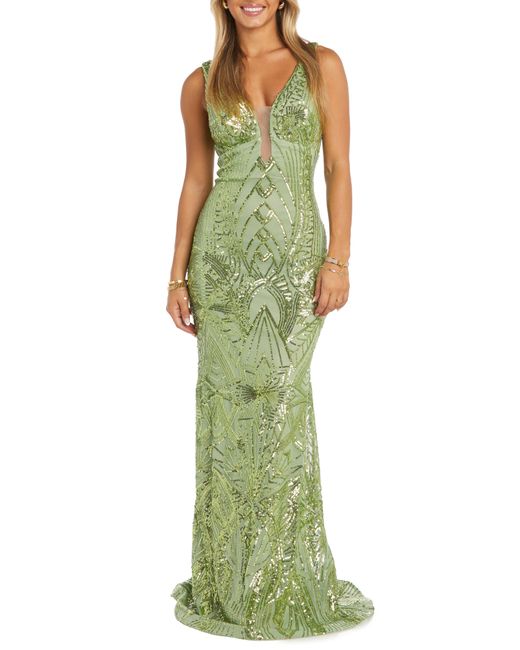 Morgan & Co. Green Sequin Embellished Column Gown