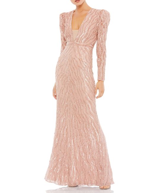 Mac Duggal Pink Bead & Sequin Long Sleeve Trumpet Gown