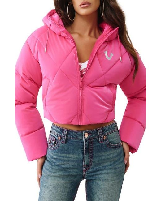 True Religion Red High Shine Hooded Crop Puffer Jacket