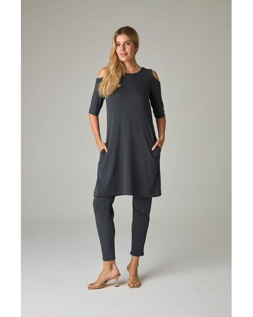 eavolu Women's Blue Caspian Eco-Luxe Rib Cold-Shoulder Tunic/Dress eavolu Women's Blue Caspian Eco-Luxe Rib Cold-Shoulder Tunic/Dress