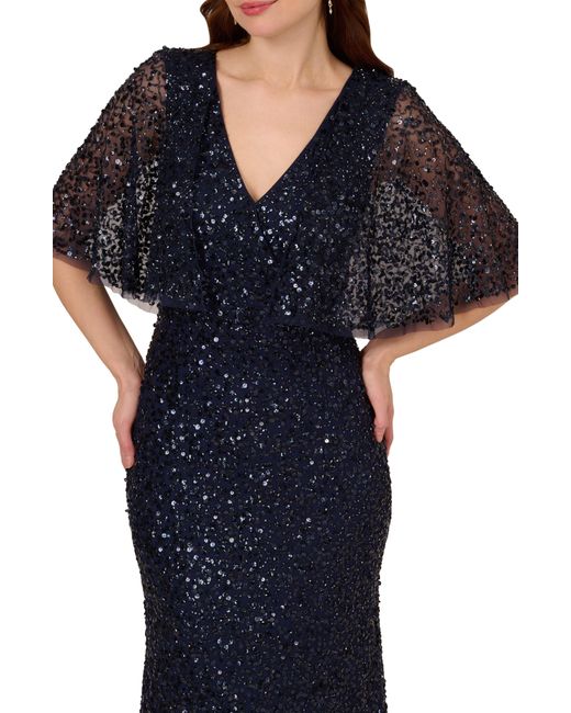 Adrianna Papell Blue Sequin Capelet Mermaid Gown