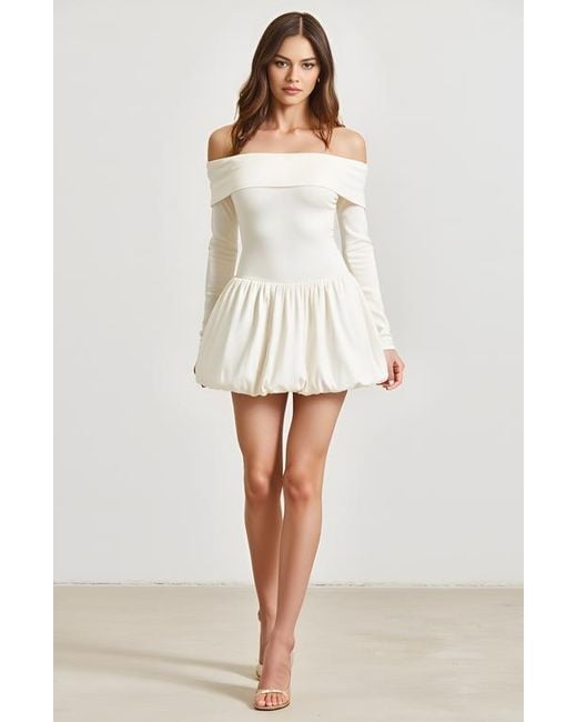 Modenaire White Off-Shoulder Long-Sleeve Mini Dress With Bubble Hem