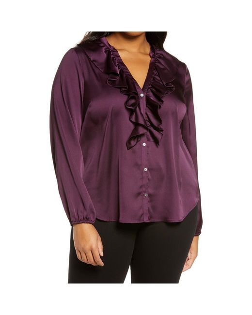 1.STATE Purple Ruffle Neck Button-Front Blouse
