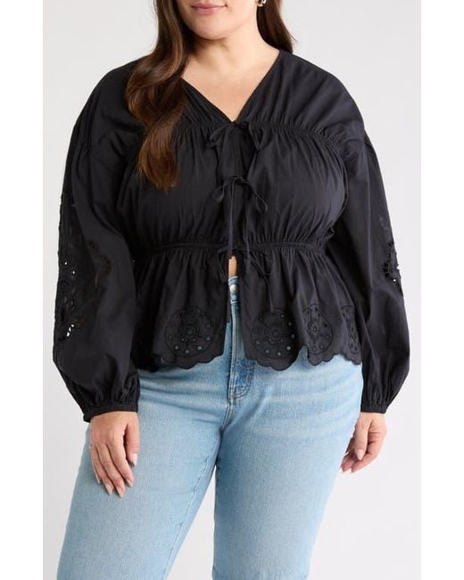 Treasure & Bond Black Long Sleeve Cotton Eyelet Top