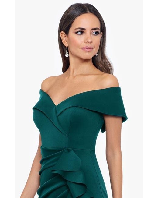 Xscape Evenings Green Off The Shoulder Ruffle Scuba Gown