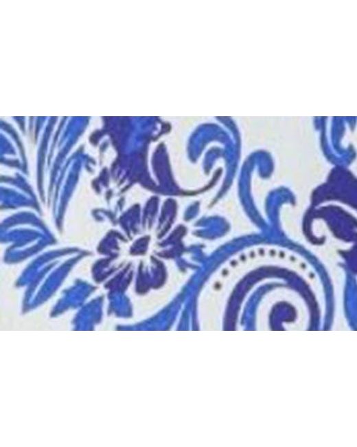 Apny Blue Damask Print Roll Tab Sleeve Button-Up Shirt