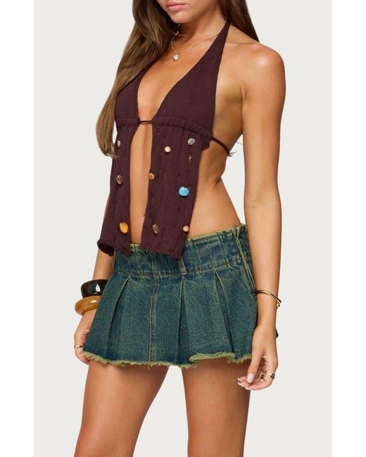 Edikted Green Beaded Distressed Split Front Halter Top