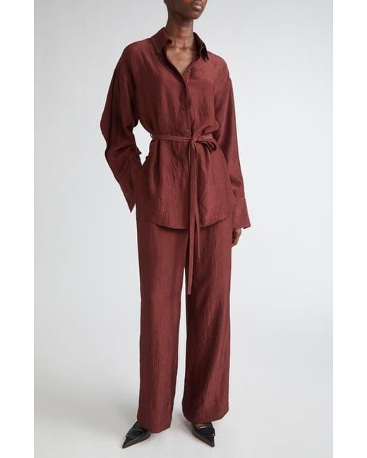 Jason Wu Red Oversize Belted Crinkled Satin Button-Up Top