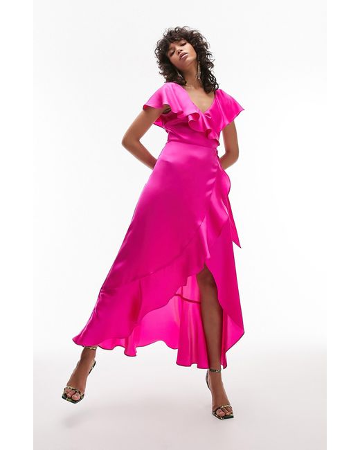 TOPSHOP Pink Ruffle Satin Wrap Maxi Dress