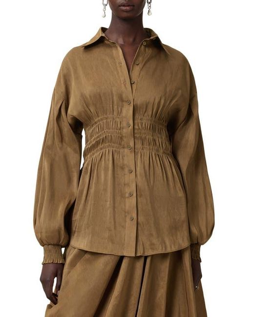 AllSaints Brown Staci Smock Waist Linen & Silk Button-Up Shirt