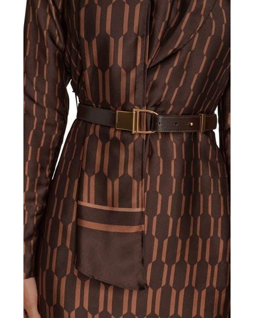 Donna Karan Brown Geo Print Long Sleeve Satin Dress