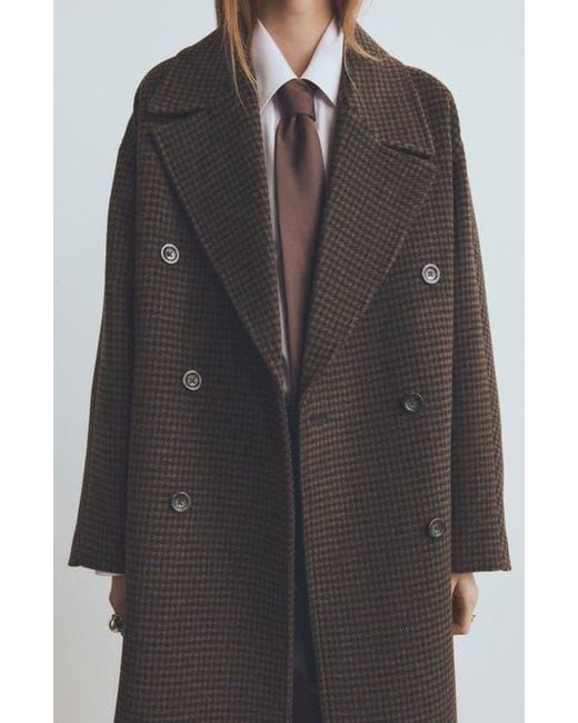 Mango Brown Micro Houndstooth Wool Blend Double Breasted Coat