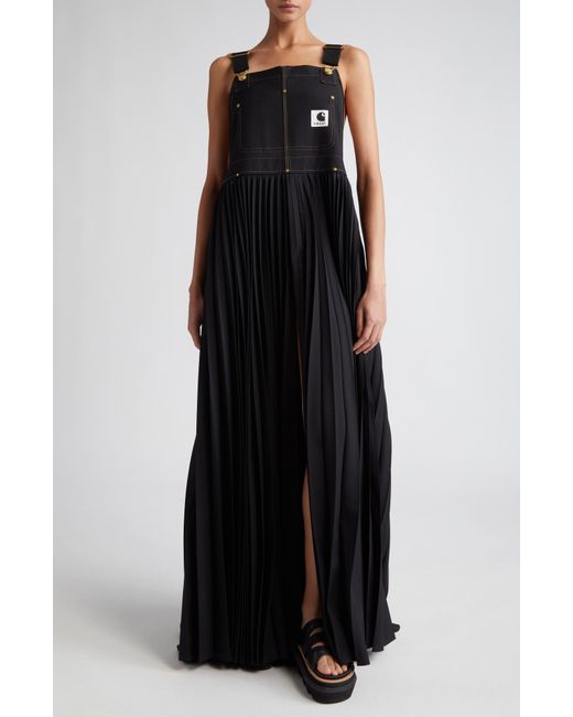 Sacai Black Carhartt Wip Mixed Media Pleated Skirt Overall Maxi Dress