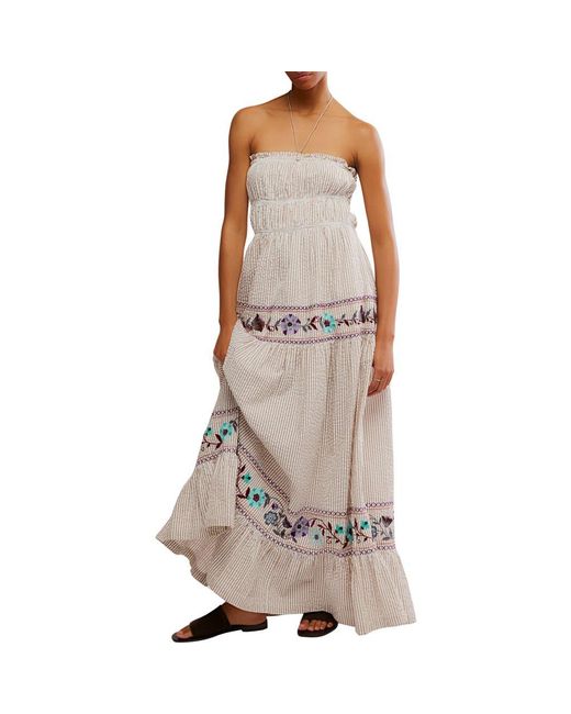 Free People Brown Kalani Stripe Embroidered Halter Neck Cotton Maxi Dress